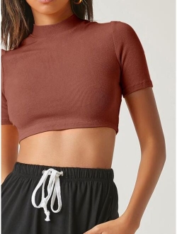 Mock-neck Crop Solid Tee