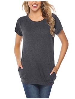 Women Casual O-Neck Short Sleeve Tunic Tops Loose Fit T-Shirt with Side Pockets S-XXL