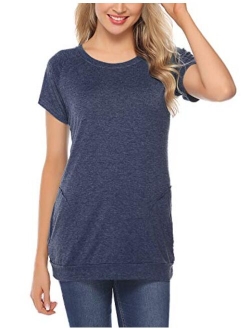 Women Casual O-Neck Short Sleeve Tunic Tops Loose Fit T-Shirt with Side Pockets S-XXL