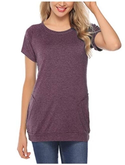 Women Casual O-Neck Short Sleeve Tunic Tops Loose Fit T-Shirt with Side Pockets S-XXL