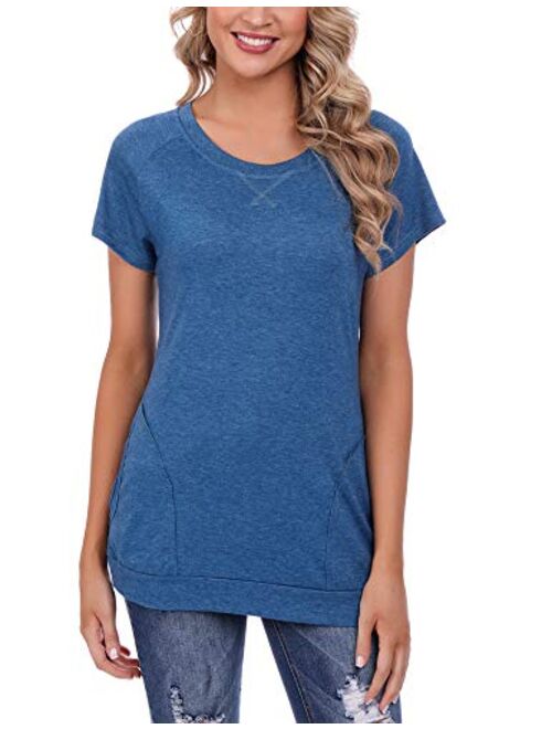 iClosam Women Casual O-Neck Short Sleeve Tunic Tops Loose Fit T-Shirt with Side Pockets S-XXL