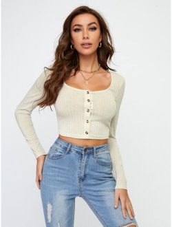 Scoop Neck Button Front Crop Top