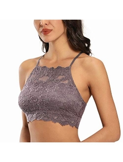 DotVol High-Neck Lace Bralette for Women Racerback Floral Crop Top Vest Bra