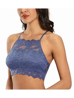 DotVol High-Neck Lace Bralette for Women Racerback Floral Crop Top Vest Bra