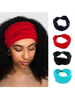 African Headbands Knotted Hairbands Black Stylish Head Wraps Wide Elastic Head Scarf for Women and Girls (Pack of 4)