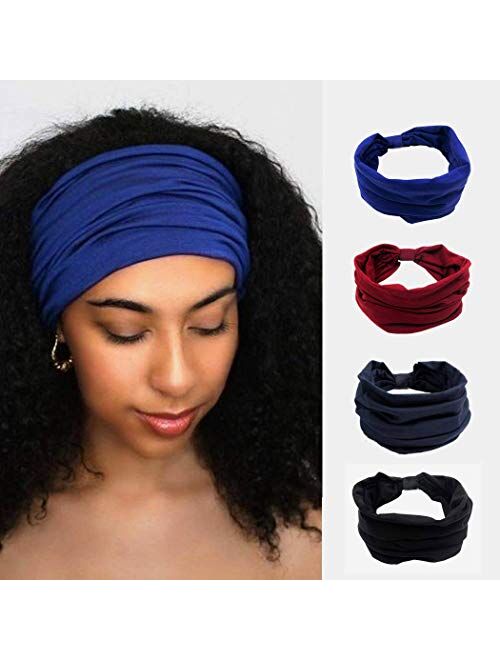 Woeoe African Headbands Knotted Hairbands Black Stylish Head Wraps Wide Elastic Head Scarf for Women and Girls (Pack of 4)