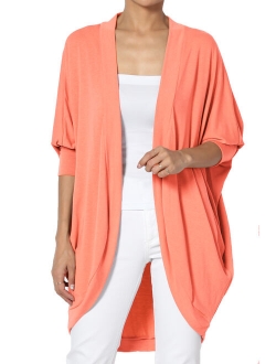 Women's S~3X Draped Jersey Knit 3/4 Sleeve Oversized Open Front Cardigan