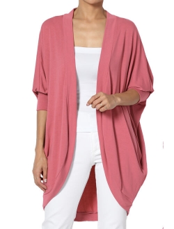 Women's S~3X Draped Jersey Knit 3/4 Sleeve Oversized Open Front Cardigan