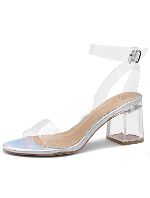 Shoe Land SL-Amaya Womens Open Toe Ankle Strap Chunk Low Clear Heel Dress Pump Sandals