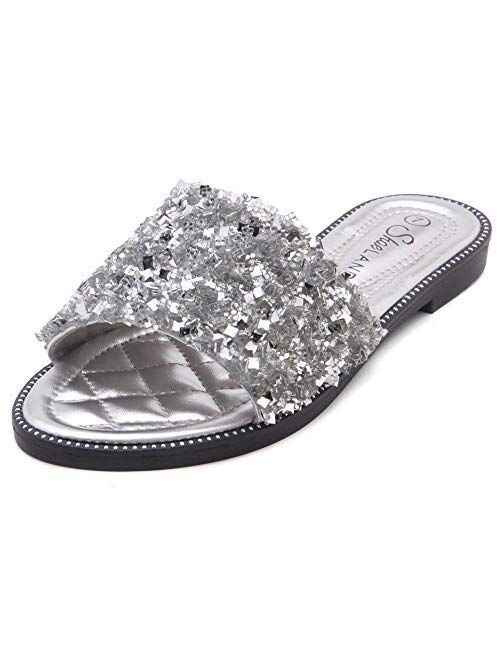 Shoe Land SL-Joli Women's Open Toe Rhinestone Flat Sandals Glitter Slide Slip On Shoes