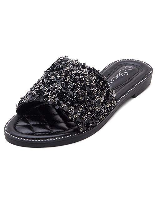 Shoe Land SL-Joli Women's Open Toe Rhinestone Flat Sandals Glitter Slide Slip On Shoes