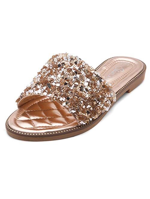 Shoe Land SL-Joli Women's Open Toe Rhinestone Flat Sandals Glitter Slide Slip On Shoes