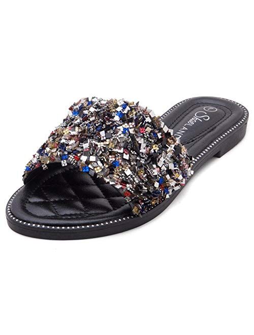 Shoe Land SL-Joli Women's Open Toe Rhinestone Flat Sandals Glitter Slide Slip On Shoes