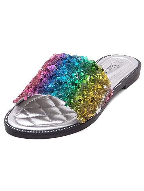 Shoe Land SL-Joli Women's Open Toe Rhinestone Flat Sandals Glitter Slide Slip On Shoes