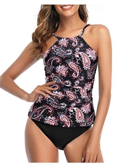 Tankini Swimsuit for Women High Neck Ruched Tummy Control Top with Shorts Two Piece Bathing Suits