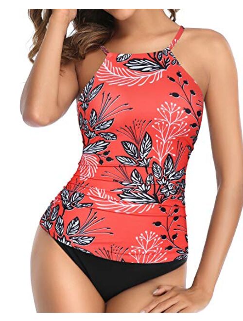 Tempt Me Tankini Swimsuit for Women High Neck Ruched Tummy Control Top with Shorts Two Piece Bathing Suits