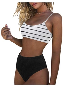 RXRXCOCO Womens Shirred Bandeau Bikini Cute Two Piece Swimsuit Off Shoulder High Waist Bathing Suit