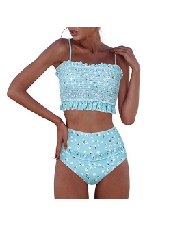 RXRXCOCO Womens Shirred Bandeau Bikini Cute Two Piece Swimsuit Off Shoulder High Waist Bathing Suit