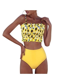 RXRXCOCO Womens Shirred Bandeau Bikini Cute Two Piece Swimsuit Off Shoulder High Waist Bathing Suit