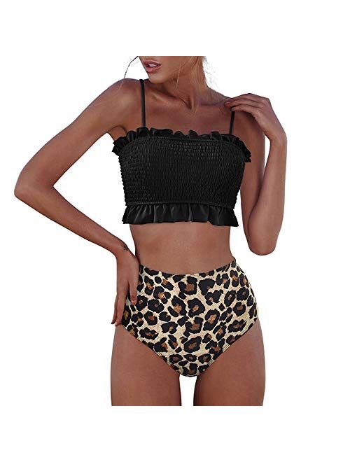 RXRXCOCO Womens Shirred Bandeau Bikini Cute Two Piece Swimsuit Off Shoulder High Waist Bathing Suit