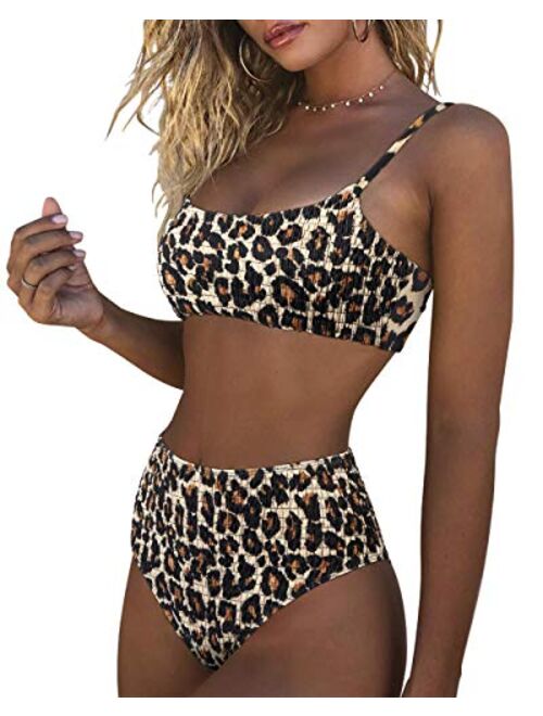 RXRXCOCO Womens Shirred Bandeau Bikini Cute Two Piece Swimsuit Off Shoulder High Waist Bathing Suit