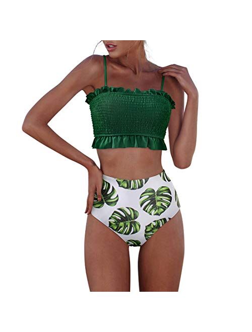 RXRXCOCO Womens Shirred Bandeau Bikini Cute Two Piece Swimsuit Off Shoulder High Waist Bathing Suit