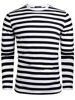 Mens Long Sleeve Basic Striped Shirt Crew Neck Cotton T-Shirt
