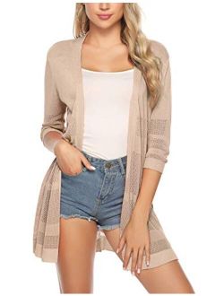 Womens Casual Knitted 3/4 Sleeve Lightweight Open Front Cardigan Sweater