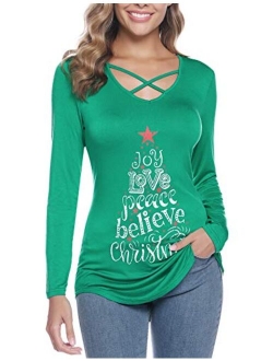 Womens Sexy Cross Front V-Neck Long Sleeve Christmas Letter Print T-Shirt Tunic Tops