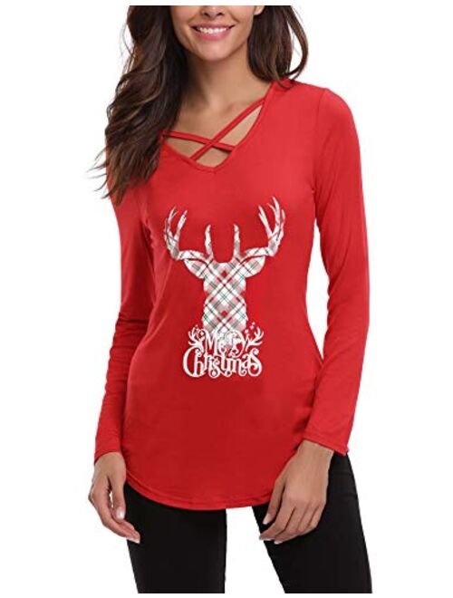 iClosam Womens Sexy Cross Front V-Neck Long Sleeve Christmas Letter Print T-Shirt Tunic Tops