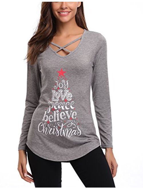 iClosam Womens Sexy Cross Front V-Neck Long Sleeve Christmas Letter Print T-Shirt Tunic Tops