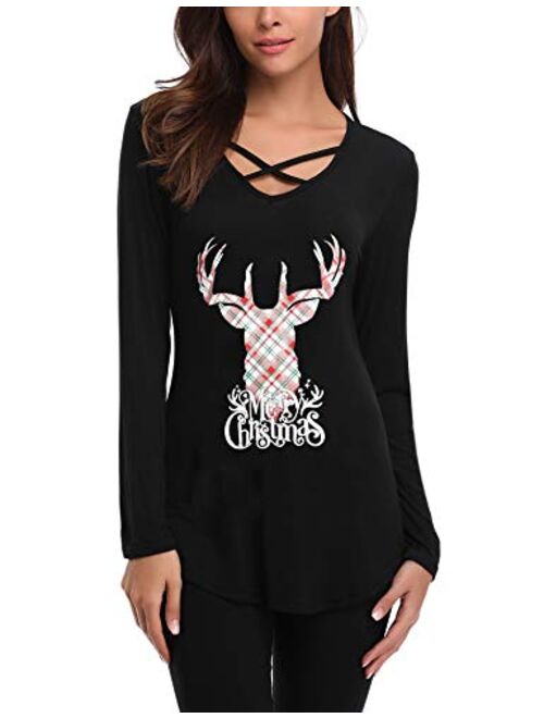 iClosam Womens Sexy Cross Front V-Neck Long Sleeve Christmas Letter Print T-Shirt Tunic Tops