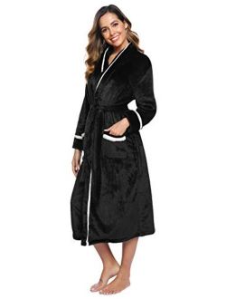 Women's Graceful Flannel Robe Long Warm Fleece Bathrobes Long Plush Nightgown with Two Pocket S-XXL