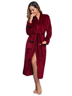 Women's Graceful Flannel Robe Long Warm Fleece Bathrobes Long Plush Nightgown with Two Pocket S-XXL