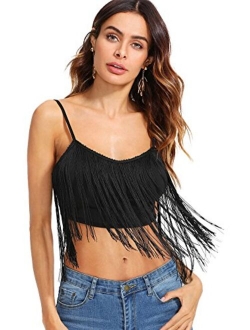 Women's Tassel Trim Spaghetti Strap V Neck Camis Crop Top Vest