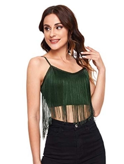 Women's Tassel Trim Spaghetti Strap V Neck Camis Crop Top Vest