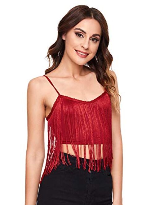 Romwe Women's Tassel Trim Spaghetti Strap V Neck Camis Crop Top Vest