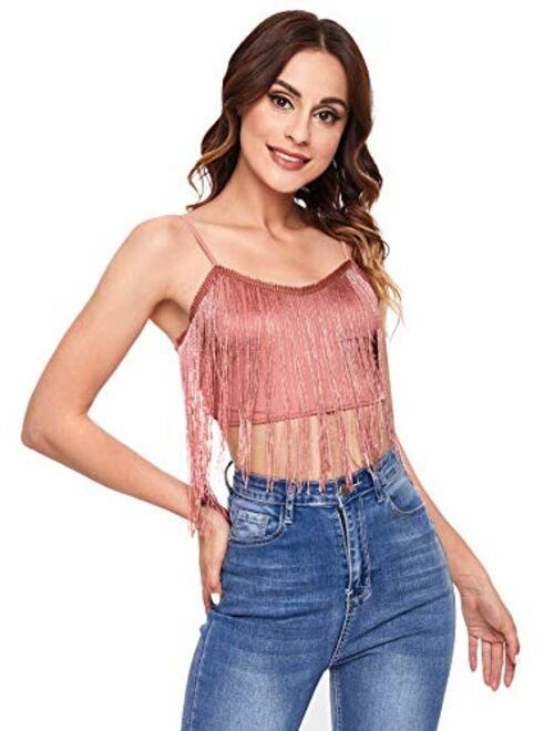 Romwe Women's Tassel Trim Spaghetti Strap V Neck Camis Crop Top Vest