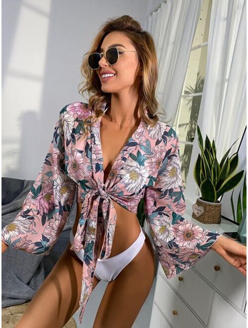 Shein Floral Chiffon Knot Front Kimono