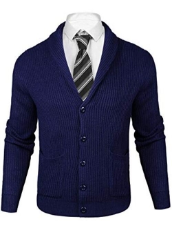 Mens Slim Fit Knitted Button Down Collar Cardigan Sweater with Ribbing Edge