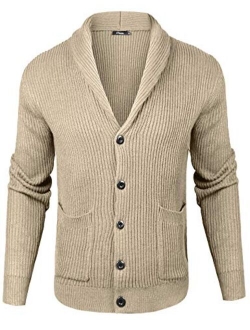 Mens Slim Fit Knitted Button Down Collar Cardigan Sweater with Ribbing Edge