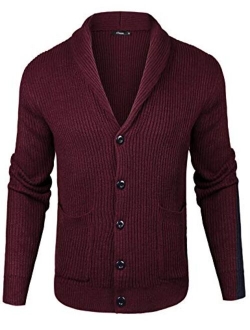 Mens Slim Fit Knitted Button Down Collar Cardigan Sweater with Ribbing Edge