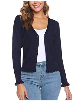 Women Cropped Long Sleeve Bolero Shrug Button Down Cardigan Sweater