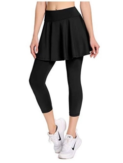 Women Tennis Skirt with Leggings and Pockets Capri Workout Leggings with Skirts Running Skorts