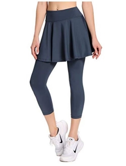 Women Tennis Skirt with Leggings and Pockets Capri Workout Leggings with Skirts Running Skorts