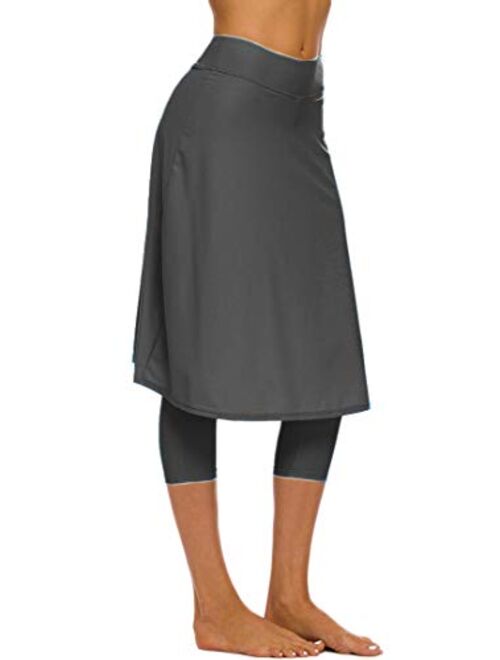 Micosuza Long Swim Skirt with Attached Leggings Modest Sun Protection Sports Skirt for Women