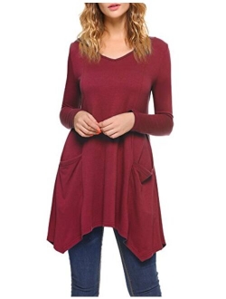 Women V-Neck Long Sleeve Asymmetric Hem Tunic Tops Blouse with Pockets