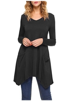 Women V-Neck Long Sleeve Asymmetric Hem Tunic Tops Blouse with Pockets