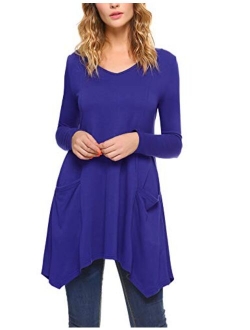 Women V-Neck Long Sleeve Asymmetric Hem Tunic Tops Blouse with Pockets