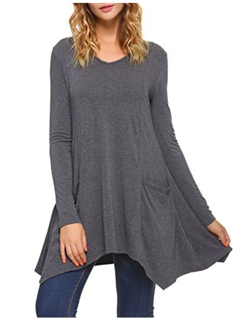 iClosam Women V-Neck Long Sleeve Asymmetric Hem Tunic Tops Blouse with Pockets